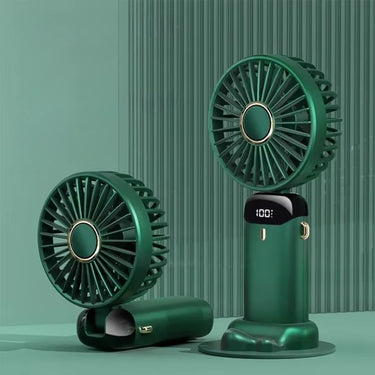 Ventilateur de poche portable vert, rechargeable via USB, avec écran LED et socle détachable, compact et pratique pour une utilisation quotidienne.